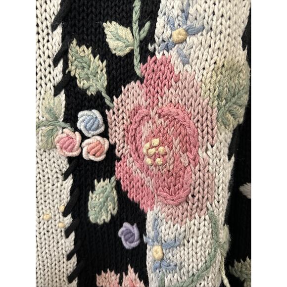 Vintage Maggie Lawrence Cardigan 80s Black Knit Flower Sweater Medium Read - Picture 11 of 16
